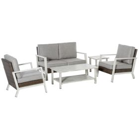 Patio Wicker Haven: 5-Piece PE Rattan Loveseat Set with Coffee & Side Tables, Beige | Tranquil Outdoor Retreat.