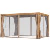 10' x 13' Outdoor Retractable Pergola w/ Sun Shade Louvered Top, Pergola w/ Canopy, Curtains, Netting, Natural Wood