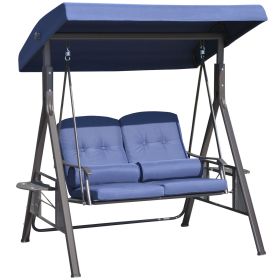 Patio Swing Chair 2-Person Outdoor Canopy with Adjustable Shade Soft Cushions Throw Pillows Tray Dark Blue