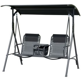 2-Seat Outdoor Porch Swing, with Pivot Storage Table, Cup Holder, & Adjustable Overhead Canopy, Stand's Skid-Resistant Feet Pad, Breathable Mesh Seat