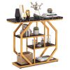 39.5" Modern Sofa Table with 4-Tier Storage, Black & Gold Console Table with Faux Marble Top for Living Room Entryway