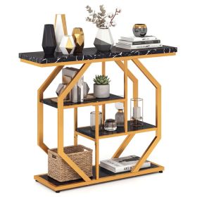 39.5" Modern Sofa Table with 4-Tier Storage, Black & Gold Console Table with Faux Marble Top for Living Room Entryway