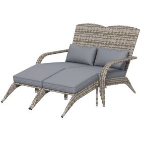 Wicker Adirondack Chair for 2 with Cushions & Footrests, PE Rattan Double Chaise Lounge Chair, Fire Pit Chair for Porch with High-back, Wide Armrests