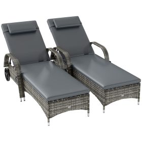 2 Reclining Chaise Lounge Chairs, Rolling Outdoor Chairs with Cushion, Pillow, Headrest, Armrests, and Wheels, Gray