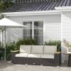 3-Seat Patio Sofa with Cushions Beige PE Rattan Outdoor Couch Wood Grain Armrests for Porch Garden Poolside