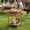 Acacia Wood Outdoor Grill Table with Drop Leaf, BBQ Prep Station with Faux Marble Resin Top