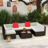 7 Piece Outdoor Patio Furniture Set Rattan Sectional Sofa with White Cushions for Backyard Garden