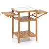 Acacia Wood Outdoor Grill Table with Drop Leaf, BBQ Prep Station with Faux Marble Resin Top