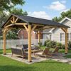 13' x 11' Hardtop Gazebo Canopy with Galvanised Metal Roof, Fir Wood Frame and Central Hook for Patio, Black Gray