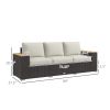 3-Seat Patio Sofa with Cushions Beige PE Rattan Outdoor Couch Wood Grain Armrests for Porch Garden Poolside