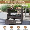 Handwoven PE Rattan Outdoor Bar Cart with Tempered Glass Top & Drawer, 4 Wheels with Brakes Serving Cart for Patio